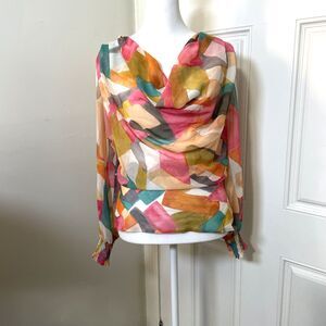 ZARA Top Harlequin Blouse Drape Neck Chiffon Multicolor Womens Size Medium